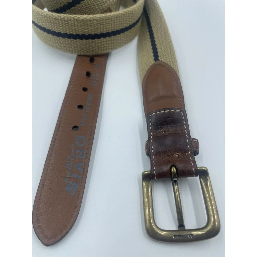 *Orvis* Mens Belt Brown Leather~Canvas~blue Strip Braided Woven 52XH USA Size 40